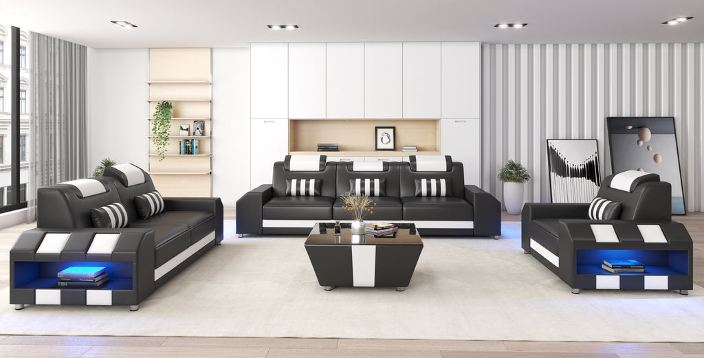 Cosmo LED Leather Sofa Set - Modern 3-Piece Living Room Set with Mood Lighting