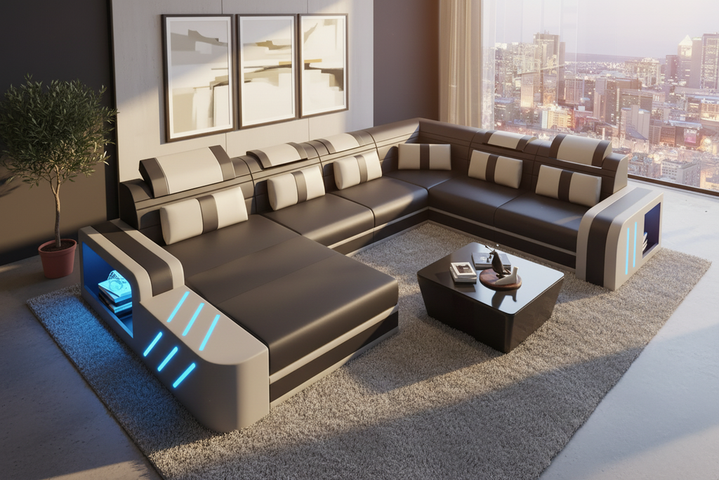 Black and grey sectional in Scandinavian interior