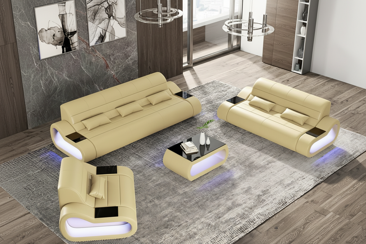 Catina Modern Leather Sofa Set with LED Light - Luxury Living Room