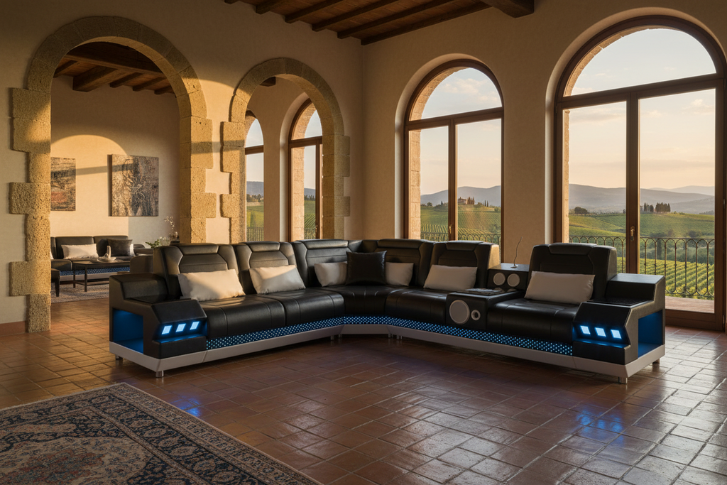 Celsius Small Modern Leather Sectional with Console - Tuscany