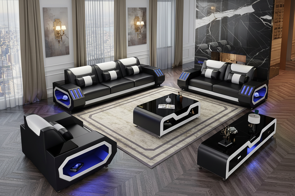 Omont Leather Sofa Set with LED Light - Luxury Penthouse